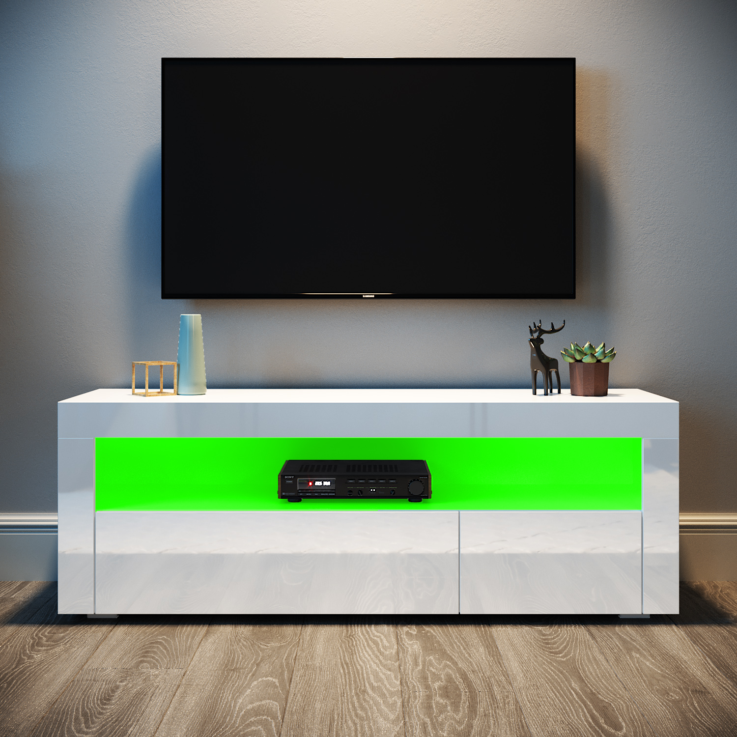 Modern TV Unit White Stand High Gloss Doors 120cm with LED